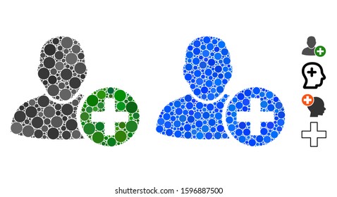 Add user mosaic of round dots in variable sizes and shades, based on add user icon. Vector round elements are united into blue mosaic. Dotted add user icon in usual and blue versions.