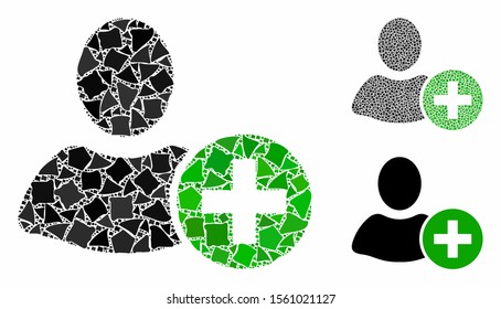 Add user mosaic of tremulant parts in different sizes and color tones, based on add user icon. Vector tuberous parts are organized into mosaic. Add user icons collage with dotted pattern.