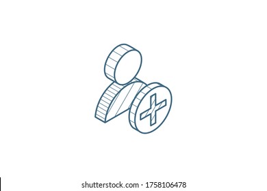 add user, new friend, member and plus sign, isometric icon. 3d vector illustration. Isolated line art technical drawing. Editable stroke