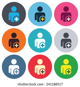 Add user sign icon. Add friend symbol. Colored round buttons. Flat design circle icons set. Vector