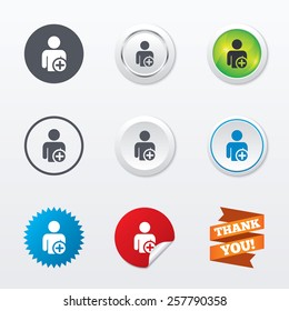 Add user sign icon. Add friend symbol. Circle concept buttons. Metal edging. Star and label sticker. Vector