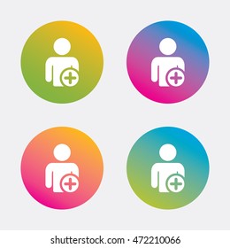 Add user sign icon. Add friend symbol. Gradient flat buttons with icon. Modern design. Vector