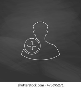 Add User Simple Line Vector Button. Imitation Draw With White Chalk On Blackboard. Flat Pictogram And School Board Background. Outine Illustration Icon