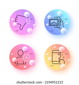 Add user, Star rating and Image album minimal line icons. 3d spheres or balls buttons. Dislike hand icons. For web, application, printing. Profile settings, Phone feedback, Photo app. Vector