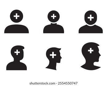 Add user vector flat icon set. Person profile with plus symbol. vector illustration