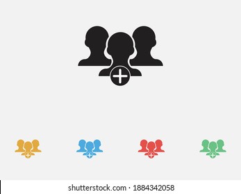 Icono de Agregar usuarios. Añadir amigo. Icono de vector relleno. Añadir persona, icono de contacto. Conjunto de coloridos iconos de diseño plano