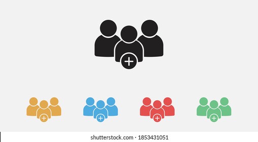Add users icon. Group of people, team group, work group icon. Filled vector icon. Add group vector icon, add friends vector sign, social communication. Set of colorful flat design icons