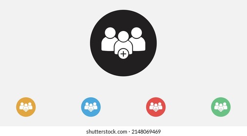 Benutzer-Symbol hinzufügen. Gruppe von Leuten, Team-Gruppe, Arbeitsgruppen-Symbol. Gefülltes Vektorsymbol. Fügen Sie das Vektorsymbol der Gruppe hinzu, fügen Sie Freunde, Vektorzeichen, soziale Kommunikation hinzu. Set von bunten Design-Symbolen