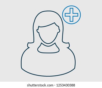 Add Users line Icon. Female avatar on gray Background.