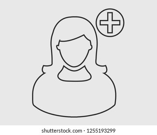 Add Users line Icon. Female avatar on gray Background.