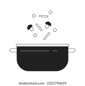Add vegetables into pot monochrome flat vector object. Cut fresh mushrooms for soup. Editable black and white thin line icon. Simple cartoon clip art spot illustration for web graphic design