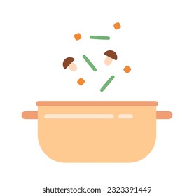 Añadir verduras al objeto vector de color semiplano de la olla.Cortar setas frescas para la sopa.Proceso de cocción. Icono de imagen de clip de caricatura editable sobre fondo blanco. Ilustración de puntos simple para diseño gráfico web