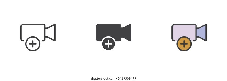 Add video different style icon set. Line, glyph and filled outline colorful version, outline and filled vector sign. Camera with plus Symbol, logo illustration. Vector graphics
