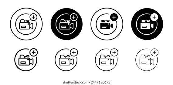 Add video file recording as attachment button icon. broadcast cinema clip media online symbol.