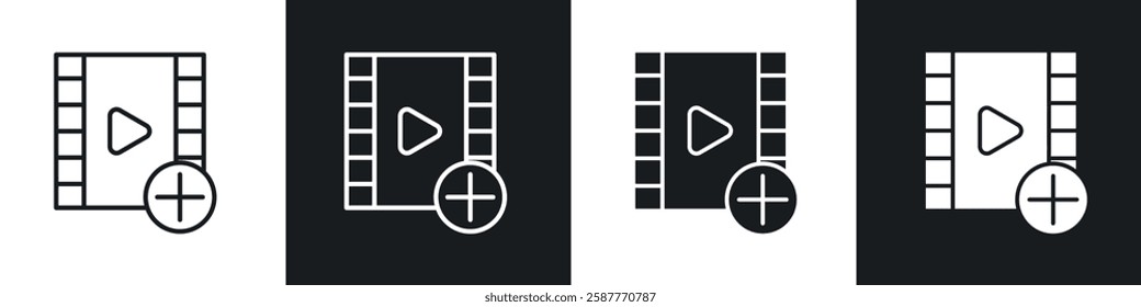 Add Video icon set black and white colors. Graphic Vector icons pack