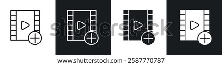 Add Video icon set black and white colors. Graphic Vector icons pack