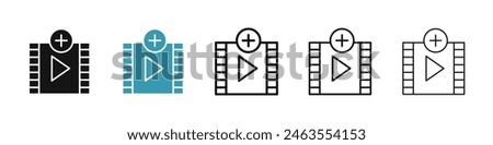 Add Video icon set. add clip button. upload new video button. create new video plus button icon for UI designs.