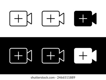 Add video icon set in generic style. Camera and plus symbol. Upload content button