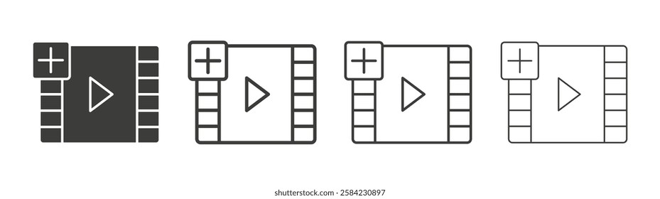 Add Video icons set. Liner outlined and flat black color
