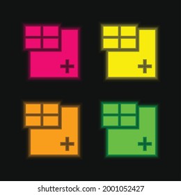 Add Window Grid Symbol four color glowing neon vector icon