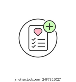 Add to wishlist icon. Picture of note consist of the list of item wish to buy or have with pink little heart at the center top of the note with green addition symbol on the right top