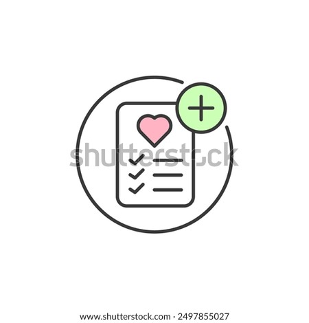 Add to wishlist icon. Picture of note consist of the list of item wish to buy or have with pink little heart at the center top of the note with green addition symbol on the right top