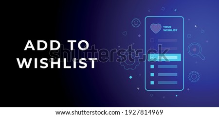 Add to Wishlist vector horizontal banner concept. Dark ultra violet neon glowing thin icon illustration. Header and footer wishlist banner template with text on dark violet background
