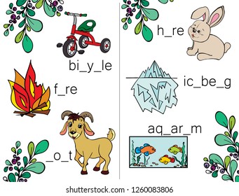 Add words from letters.  Learn to write and read. Letters. ABC. Puzzles for kids. Little animals cartoons characters. Tasks for children. Alphabet. Workbook.  Add words from letters.  Vector  