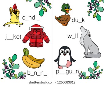 Add words from letters.  Learn to write and read. Letters. ABC. Puzzles for kids. Little animals cartoons characters. Tasks for children. Alphabet. Workbook.  Add words from letters.  Vector illustrat