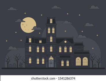 Addams Family House With An Ominous Cemetery In The Moonlight