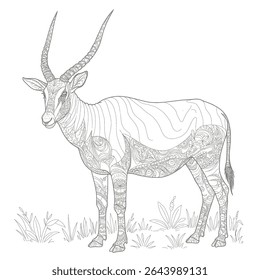 Addax – Addax nasomaculatus. Intricate patterned antelope sketch highlights a unique animal design strikingly. Wildlife illustration concept