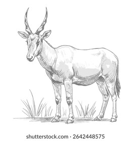 Addax – Addax nasomaculatus. A majestic antelope with large curved horns, illustrated in a detailed sketch standing in a grassy field. The drawing captures the animal's graceful stance and natural