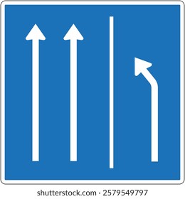 Added lane road sign showing two straight lanes merging into three, with one dedicated right turn lane, on blue background.