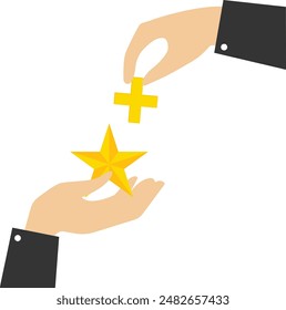 Added value, additional profit or development for more benefits concept, an increase of product value or price to make a profit, businessman hand holding star value and other additional plus sign.