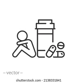 addict icon, dependent person, addiction for pills, drug bottle, thin line symbol on white background - editable stroke vector illustration