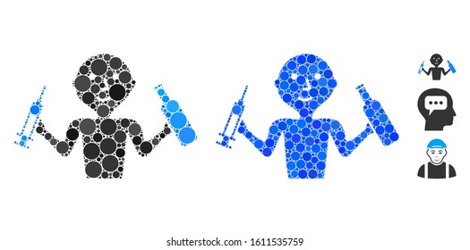 Addict man mosaic of circle elements in different sizes and color hues, based on addict man icon. Vector circle elements are composed into blue mosaic.