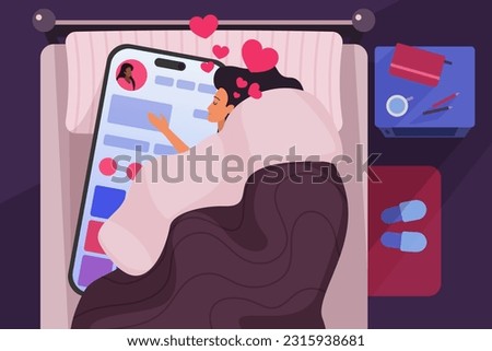 Addicted girl using phone at night, insomnia and bad habits vector illustration. Cartoon bedroom top view, woman lying in bed with big smartphone, social media profile with hearts on cellphone screen