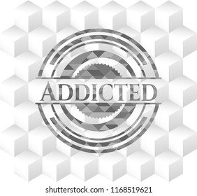 Addicted grey emblem with geometric cube white background