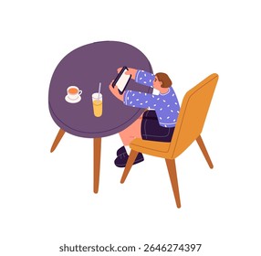 Addicted kid is using smartphone while eating. Child with dependence from phone, tablet watches video, plays game, sufring internet, scrolls social networks. Flat isolated vector illustration on white