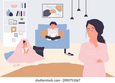 Addicted kids using mobile gadgets and devices for games vector illustration. Cartoon mother worrying about internet addiction of children, happy girl and boy holding holding phone and tablet