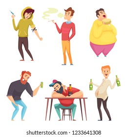 Addicted lifestyle. Alcoholism drugs and addiction from unhealthy habits vector cartoon characters in action poses