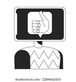 Addicted to likes on social media black and white concept vector spot illustration. Editable 2D flat monochrome cartoon character for web design. Tablet head line art idea for website, mobile, blog