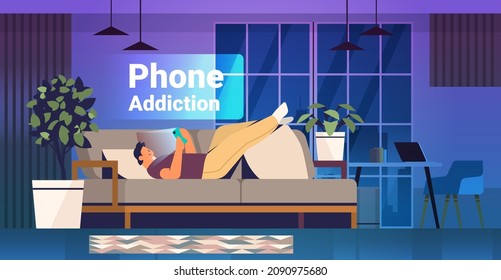 addicted man using digital gadget guy active in social networks digital addiction concept living room interior