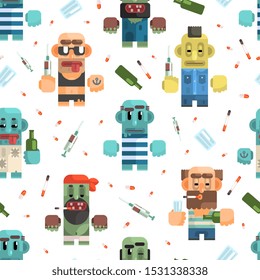 Addicted Men Seamless Pattern, Male Characters Having Pernicious Habits, Drug, Alcoholism, Smoking, Vagrancy Vector Illustration