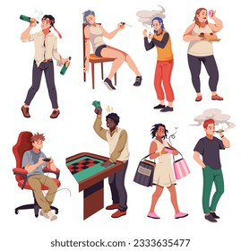 Hombres y mujeres adictos. Caricatura de gente infeliz con diferentes malos hábitos, alcoholismo, drogadicción y adicción al juego, bulimia y smocking, shopaholism. Conjunto de vectores de ilustraciones aisladas de estilo plano