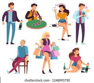 Personas adictas. Malos hábitos alcoholismo drogadicción fumar apostar adicciones a las compras de smartphones. Conjunto vectorial de estilo de vida no saludable