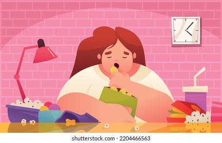 Addicted people cartoon composition with young woman overeating junk food vector illustration