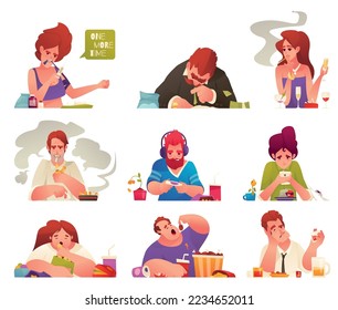 Addicted people cartoon icons set with men and women overeating smoking and drinking alcohol isolated vector illustration