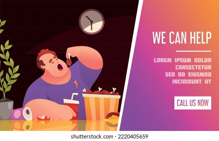 Addicted people cartoon poster with fat man eating junk food vector illustration