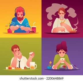 Addicted people cartoon set with men smoking gaming and drinking alcohol isolated scenes vector illustration